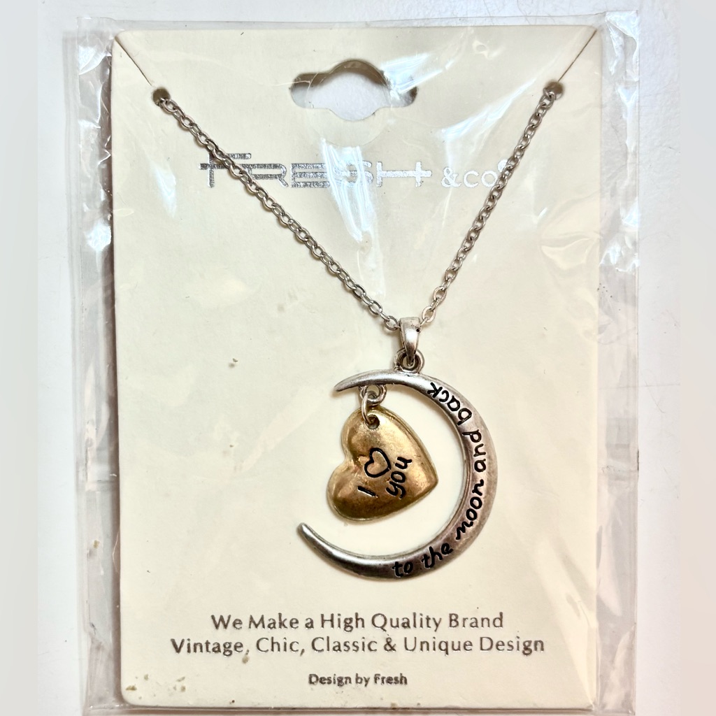 New - Gold Heart And Silver Moon Necklace - “I Love You To The Moon & Back”